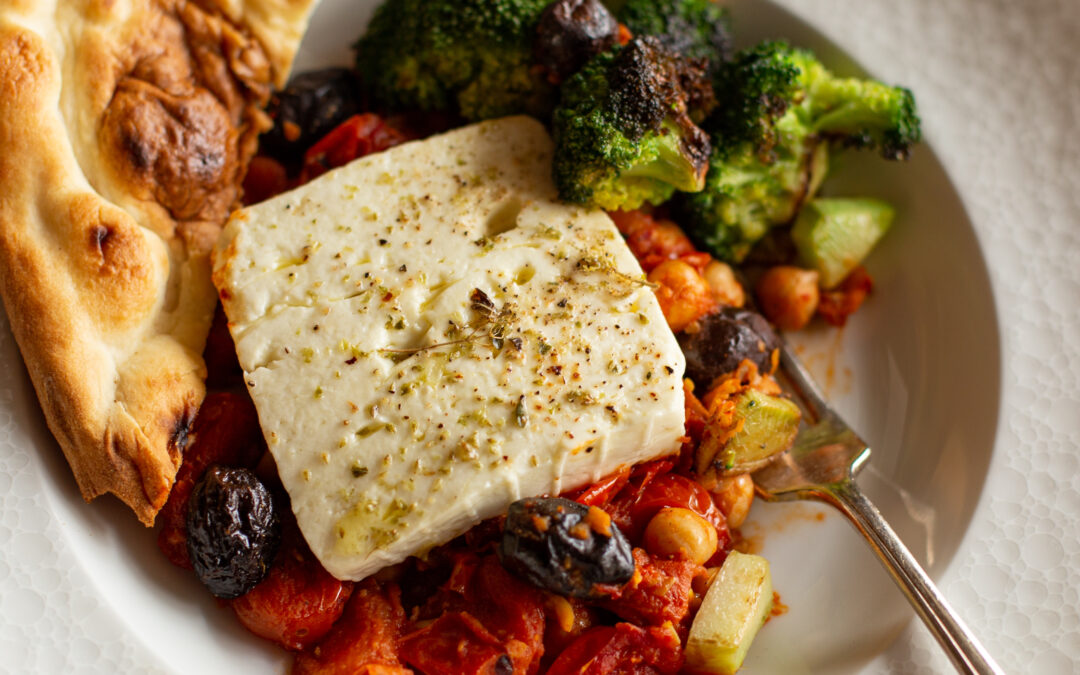 Baked Feta with Chick Peas and Burst Tomatoes